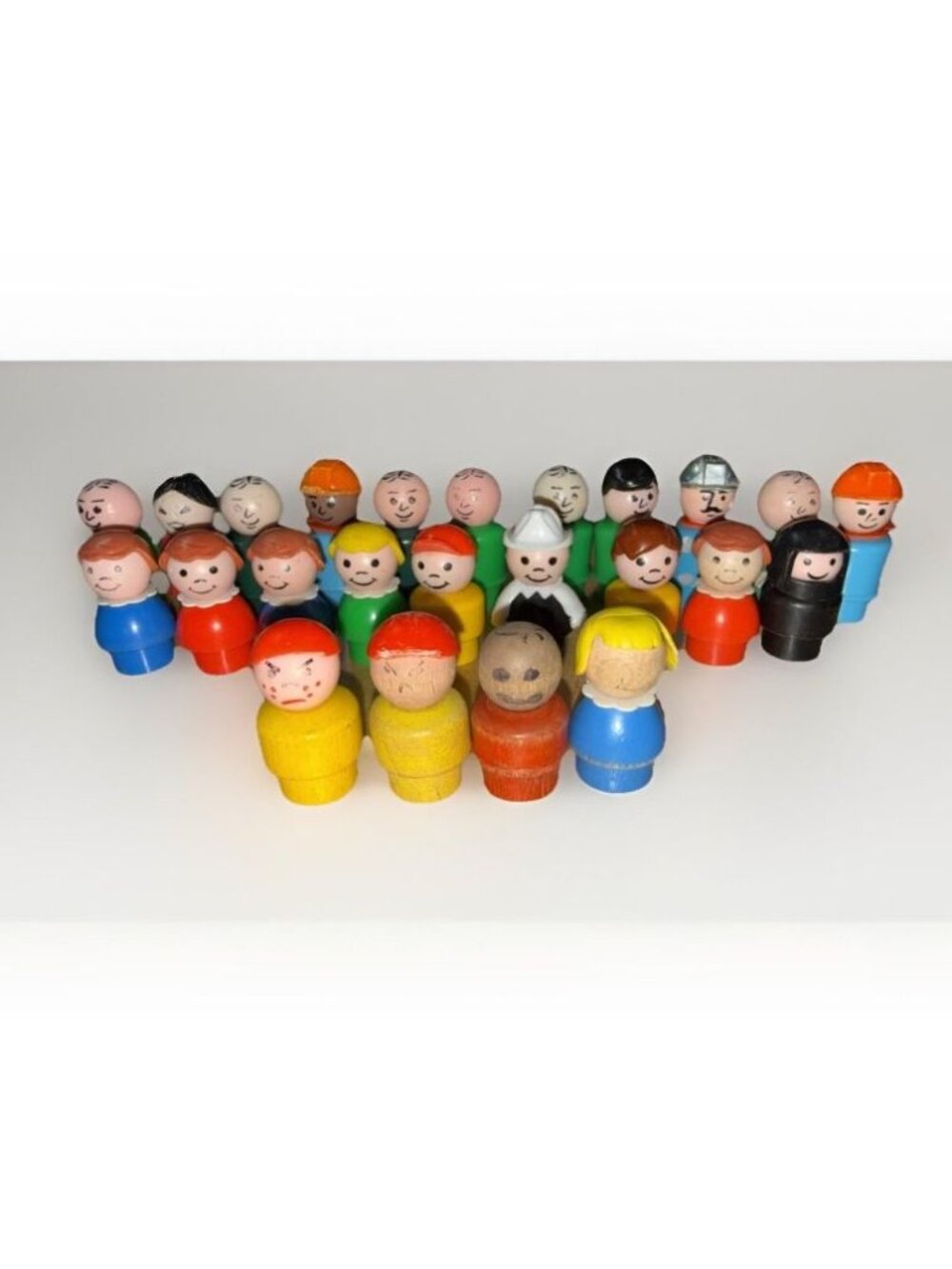 Vintage Lot of 27 Fisher Price Little People Various Color Wood And Plastic F1